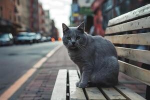 ai généré sans abri gris chat est assis sur banc, rue scène photo