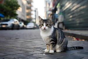 ai généré floue Contexte points forts petit thaïlandais chat dans charmant Urbain réglage photo