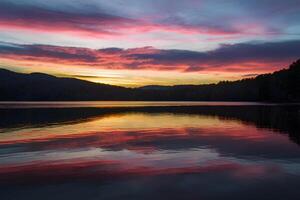 ai généré coloré le coucher du soleil ciel reflète sur le tranquille surface de le Lac photo