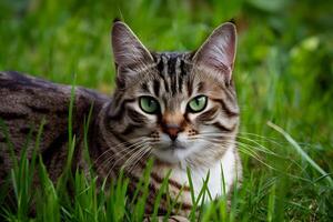 ai généré coup proche en haut de chat avec vert yeux mensonge dans herbe photo
