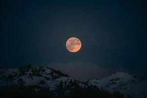 ai généré coup plein lune illumine le nuit ciel, enveloppé dans obscurité photo