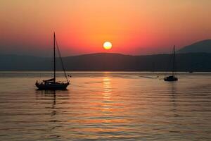 ai généré magnifique le coucher du soleil plus de Lac Genève, paisible et serein atmosphère photo