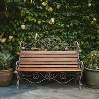 ai généré stockphoto en bois banc avec fleuri ferronnerie fournit une charmant sièges option pour social médias Publier Taille photo