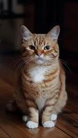 ai généré adorable gingembre chat des sports sérieux, marrant expression sur en bois sol verticale mobile fond d'écran photo