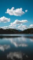 ai généré blanc des nuages dérive paresseusement plus de Lac contre bleu ciel toile de fond verticale mobile fond d'écran photo