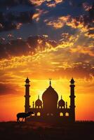 ai généré silhouette de une agneau ou chèvre avec une majestueux mosquée toile de fond pendant une Stupéfiant le coucher du soleil. photo