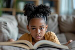 ai généré portrait de face vue de africain américain fille enfant en train de lire une livre sur le canapé photo