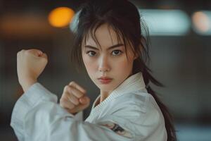 ai généré karaté, taekwondo, judo. un asiatique femme habillé dans une traditionnel kimono les pratiques martial les arts ou démontre une technique photo