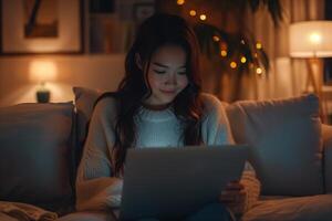 ai généré asiatique femme séance sur le canapé dans le vivant chambre, se concentrer sur le portable écran dans sa mains à nuit photo