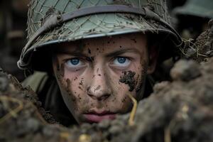 ai généré une Jeune homme dans une casque regards en dehors de derrière une pile de saleté, une soldat dans une tranchée photo