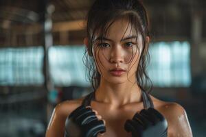 ai généré asiatique femme portant boxe gants, prêt à bats toi ou train dans mixte martial les arts photo