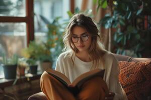 ai généré une femme avec des lunettes est assis sur le canapé et est absorbé dans en train de lire une livre. elle apparaît concentré et détendu, profiter sa loisirs et bénéficiant de le psychologique thérapie photo