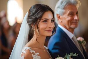 ai généré une content père donnant le sien fille une façon dans mariage, le la mariée en marchant vers le bas le rayon de le église à le autel photo