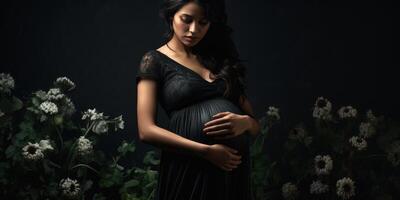 ai généré triste Enceinte femme sur une noir Contexte. noir fleurs. génératif ai photo