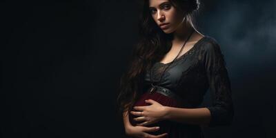 ai généré Enceinte femme sur noir Contexte. thème de perte de une enfant. endroit pour texte. génératif ai photo