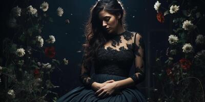 ai généré triste Enceinte femme sur une noir Contexte. noir fleurs. génératif ai photo