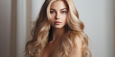 ai généré lumière Contexte. une Jeune blond fille a magnifique et en bonne santé cheveux. génératif ai photo