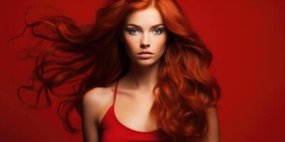ai généré femme avec rouge cheveux sur une rouge arrière-plan, La publicité shampooing. génératif ai photo