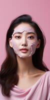 ai généré une magnifique Jeune fille s'applique une baie rose cosmétique visage masque. rose Contexte. génératif ai photo