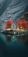 ai généré rouge Lac loger, scandinave style. image pour affiche ou carte postale. génératif ai photo