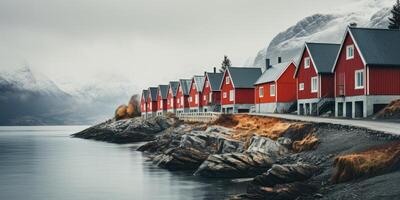 ai généré Lac Maisons, scandinave style. minimalisme. image pour affiche. génératif ai photo