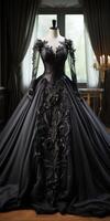 ai généré magnifique noir robe sur le sol sur mannequin avec motifs. main broderie. génératif ai photo