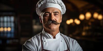 ai généré Masculin chef dans une blanc tunique et casquette, fermer. génératif ai photo