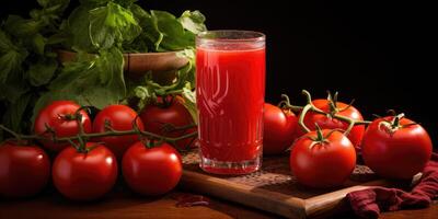 ai généré tomate jus dans verre, délicieux mûr tomates sur le tableau. récolte. génératif ai photo