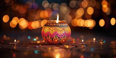 ai généré diwali avec rangoli, salutation carte concept. brûlant diva lampe sur le rue. génératif ai photo