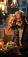 ai généré content personnes âgées couple dans l'amour ayant dîner dans restaurant. génératif ai photo