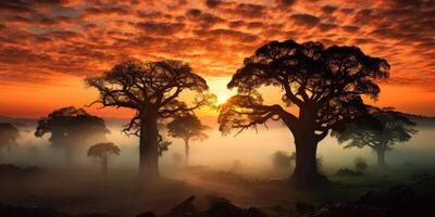 ai généré baobab des arbres contre le toile de fond de le coucher du soleil dans le brouillard, paysage de Afrique. génératif ai photo