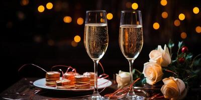 ai généré de fête fond, fleurs et Champagne, des lunettes de Champagne fermer sur le tableau, génératif ai photo