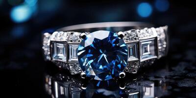 ai généré magnifique magnifique bague avec bleu saphir et diamants sur une foncé Contexte. génératif ai photo