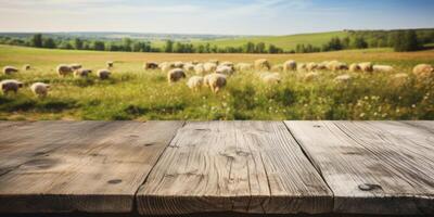 ai généré Facile vide en bois table contre le Contexte de une champ avec mouton, génératif ai photo