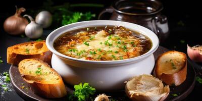 ai généré appétissant français oignon soupe, fermer. en bonne santé soupe dans une blanc plaque. génératif ai photo