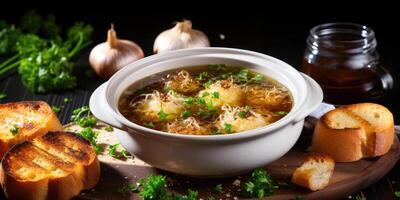 ai généré appétissant français oignon soupe, fermer. en bonne santé soupe dans une blanc plaque. génératif ai photo