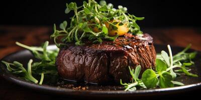 ai généré classique steak sur une blanc assiette avec brillant légumes verts, génératif ai photo