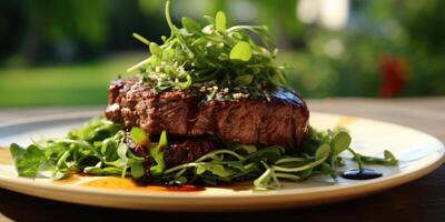 ai généré classique steak sur une blanc assiette avec brillant légumes verts, génératif ai photo