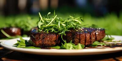 ai généré classique steak sur une blanc assiette avec brillant légumes verts, génératif ai photo