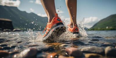 ai généré faible coup de un les athlètes jambes contre une Contexte de montagnes, des sports chaussures, génératif ai photo