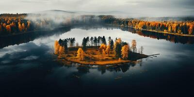 ai généré l'automne paysage. aérien vue de une humide l'automne île. génératif ai photo