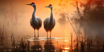 ai généré deux grues sur le lac, magnifique lever du soleil. thème de l'amour et famille dans la nature. génératif ai photo