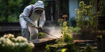 ai généré traitement de les plantes et fleurs dans le jardin avec produits chimiques. génératif ai photo