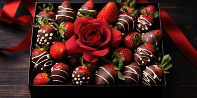 ai généré des fraises dans blanc et marron Chocolat sur une plaque, la Saint-Valentin journée. bonbons. génératif ai photo