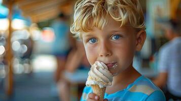 ai généré une peu garçon est en mangeant un la glace crème photo