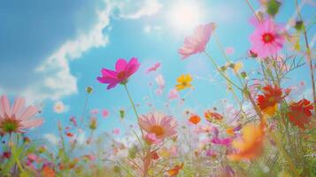 ai généré vibrant champ de coloré sauvage fleurs photo