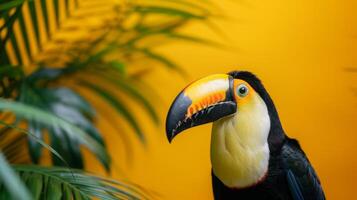 ai généré une mignonne toucan sur une pastel Jaune Contexte photo