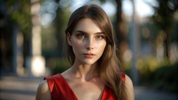 portrait de une magnifique Jeune femme avec rouge robe photo