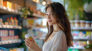 une femme des stands dans une épicerie boutique allée, soigneusement comparant des produits sur le étagères. . photo