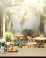 un Extérieur en bois à manger table dans une magnifique restaurant ou café magasin jardin. photo